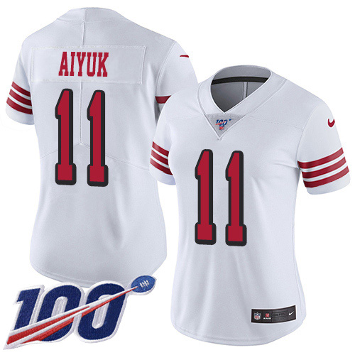 Nike 49ers #11 Brandon Aiyuk White Women's Stitched NFL Limited Rush 100th Season Jersey Nike 49ers #11 Brandon Aiyuk White Women's Stitched NFL Limited Rush 100th Season Jersey