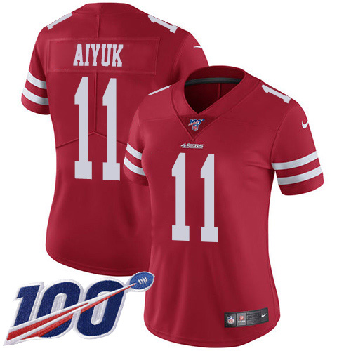 Nike 49ers #11 Brandon Aiyuk Red Team Color Women's Stitched NFL 100th Season Vapor Untouchable Limited Jersey