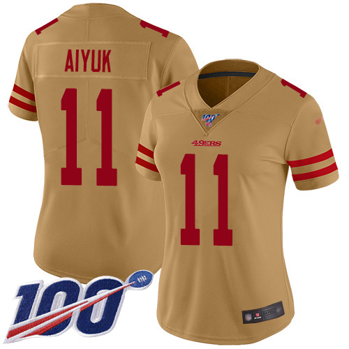 Nike 49ers #11 Brandon Aiyuk Gold Women's Stitched NFL Limited Inverted Legend 100th Season Jersey