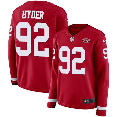 Nike 49ers #92 Kerry Hyder Red Team Color Women's Stitched NFL Limited Therma Long Sleeve Jersey