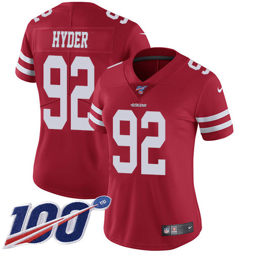 Nike 49ers #92 Kerry Hyder Red Team Color Women's Stitched NFL 100th Season Vapor Untouchable Limited Jersey