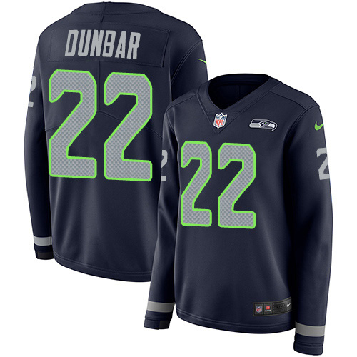 Nike Seahawks #22 Quinton Dunbar Steel Blue Team Color Women's Stitched NFL Limited Therma Long Sleeve Jersey