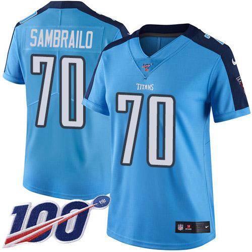 Nike Titans #70 Ty Sambrailo Light Blue Women's Stitched NFL Limited Rush 100th Season Jersey