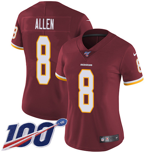 Nike Redskins #8 Kyle Allen Burgundy Red Team Color Women's Stitched NFL 100th Season Vapor Untouchable Limited Jersey
