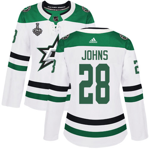 Adidas Stars #28 Stephen Johns White Road Authentic Women's 2020 Stanley Cup Final Stitched NHL Jersey