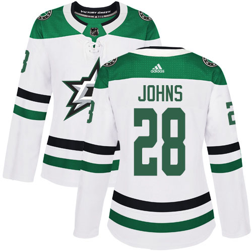 Adidas Stars #28 Stephen Johns White Road Authentic Women's Stitched NHL Jersey