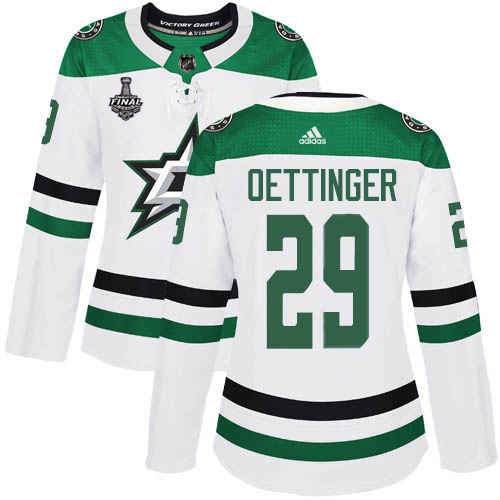 Adidas Stars #29 Jake Oettinger White Road Authentic Women's 2020 Stanley Cup Final Stitched NHL Jersey