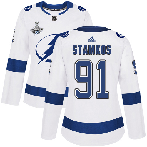 Adidas Lightning #91 Steven Stamkos White Road Authentic Women's 2020 Stanley Cup Final Stitched NHL Jersey