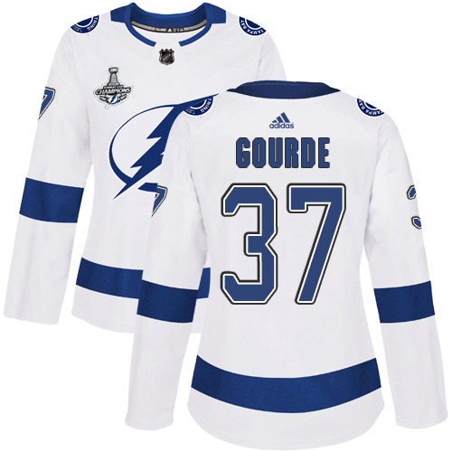Adidas Lightning #37 Yanni Gourde White Road Authentic Women's 2020 Stanley Cup Champions Stitched NHL Jersey