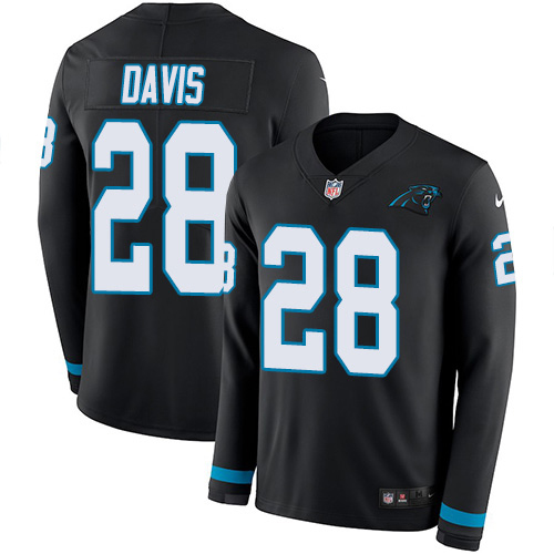 Nike Panthers #28 Mike Davis Black Team Color Youth Stitched NFL Limited Therma Long Sleeve Jersey