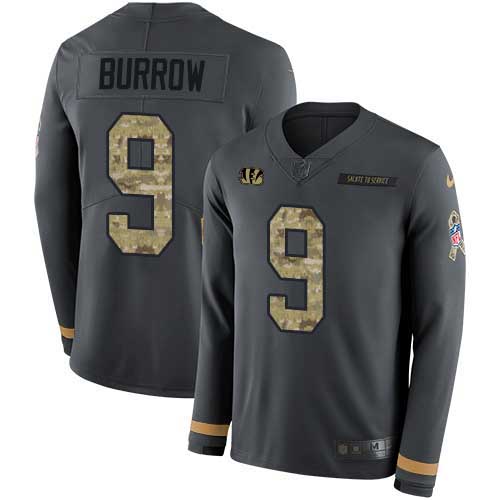 Nike Bengals #9 Joe Burrow Anthracite Salute to Service Youth Stitched NFL Limited Therma Long Sleeve Jersey