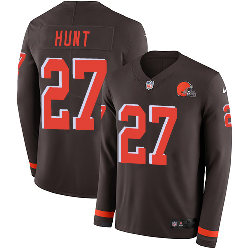 Nike Browns #27 Kareem Hunt Brown Team Color Youth Stitched NFL Limited Therma Long Sleeve Jersey