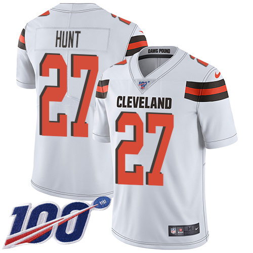 Nike Browns #27 Kareem Hunt White Youth Stitched NFL 100th Season Vapor Untouchable Limited Jersey