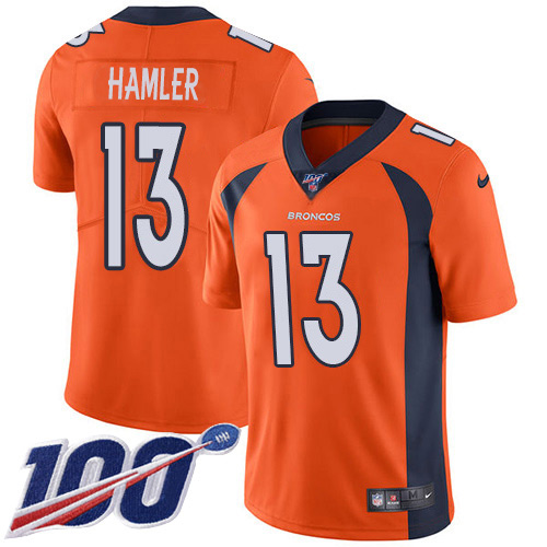 Nike Broncos #13 KJ Hamler Orange Team Color Youth Stitched NFL 100th Season Vapor Untouchable Limited Jersey