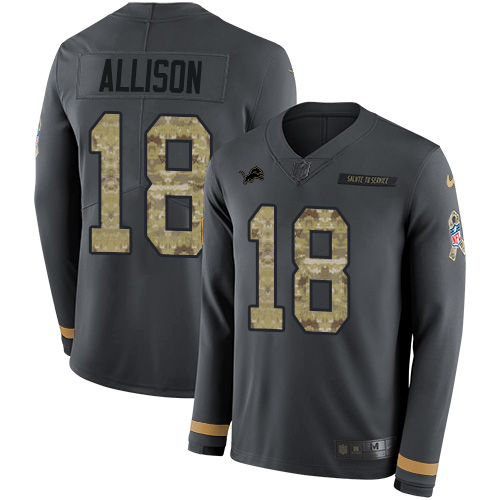 Nike Lions #18 Geronimo Allison Anthracite Salute to Service Youth Stitched NFL Limited Therma Long Sleeve Jersey
