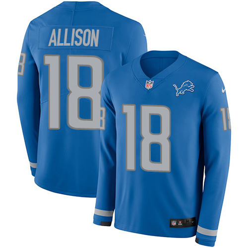 Nike Lions #18 Geronimo Allison Blue Team Color Youth Stitched NFL Limited Therma Long Sleeve Jersey
