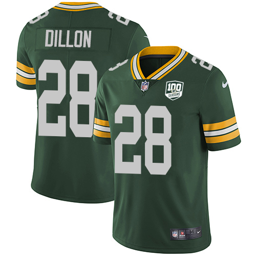 Nike Packers #28 AJ Dillon Green Team Color Youth 100th Season Stitched NFL Vapor Untouchable Limited Jersey