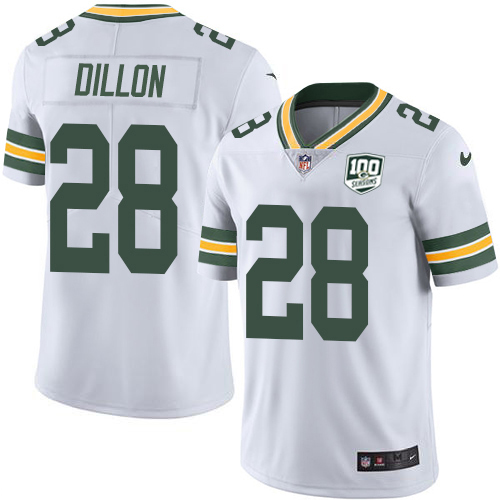 Nike Packers #28 AJ Dillon White Youth 100th Season Stitched NFL Vapor Untouchable Limited Jersey