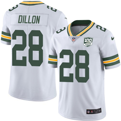 Nike Packers #28 AJ Dillon White Youth 100th Season Stitched NFL Vapor Untouchable Limited Jersey Nike Packers #28 AJ Dillon White Youth 100th Season Stitched NFL Vapor Untouchable Limited Jersey