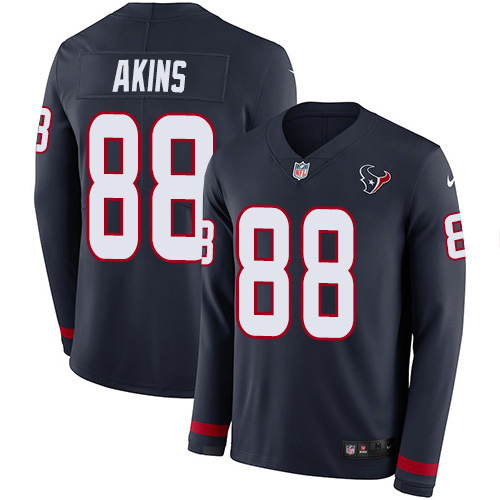 Nike Texans #88 Jordan Akins Navy Blue Team Color Youth Stitched NFL Limited Therma Long Sleeve Jersey