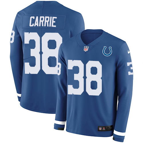 Nike Colts #38 T.J. Carrie Royal Blue Team Color Youth Stitched NFL Limited Therma Long Sleeve Jersey
