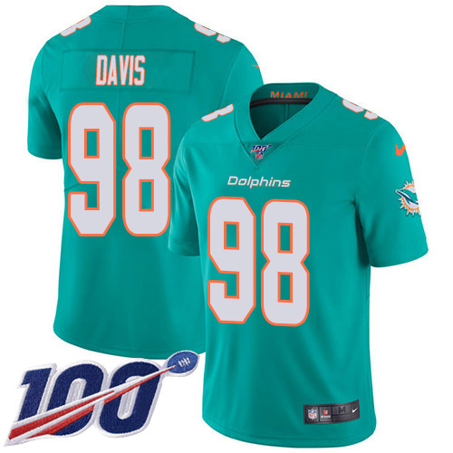 Nike Dolphins #98 Raekwon Davis Aqua Green Team Color Youth Stitched NFL 100th Season Vapor Untouchable Limited Jersey