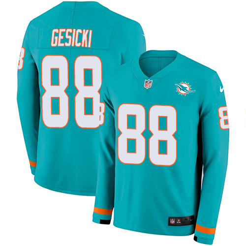 Nike Dolphins #88 Mike Gesicki Aqua Green Team Color Youth Stitched NFL Limited Therma Long Sleeve Jersey