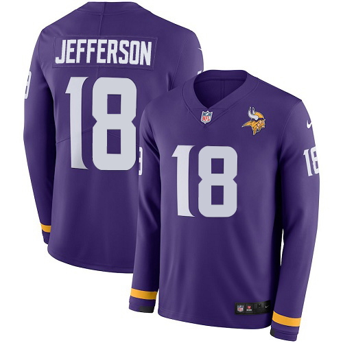 Nike Vikings #18 Justin Jefferson Purple Team Color Youth Stitched NFL Limited Therma Long Sleeve Jersey