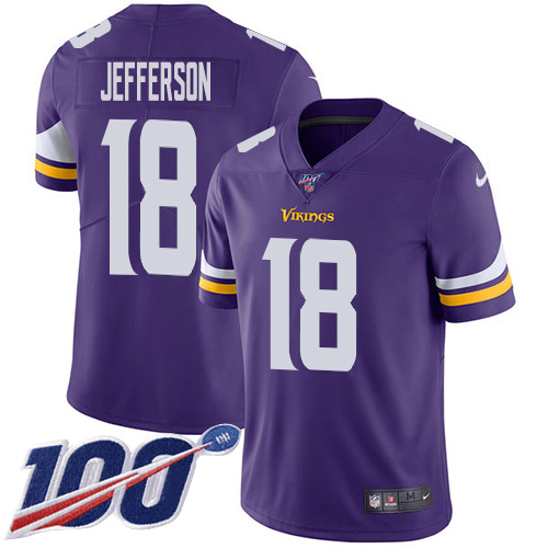 Nike Vikings #18 Justin Jefferson Purple Team Color Youth Stitched NFL 100th Season Vapor Untouchable Limited Jersey