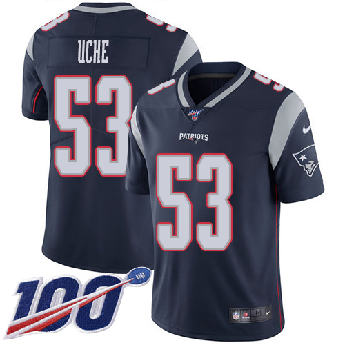 Nike Patriots #53 Josh Uche Navy Blue Team Color Youth Stitched NFL 100th Season Vapor Untouchable Limited Jersey