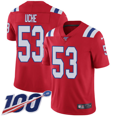 Nike Patriots #53 Josh Uche Red Alternate Youth Stitched NFL 100th Season Vapor Untouchable Limited Jersey
