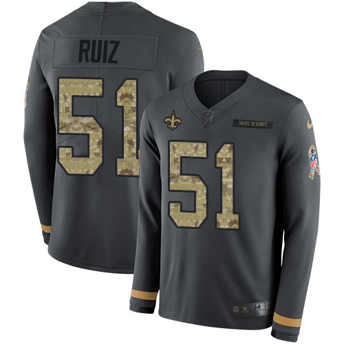 Nike Saints #51 Cesar Ruiz Anthracite Salute to Service Youth Stitched NFL Limited Therma Long Sleeve Jersey