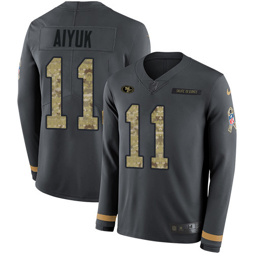 Nike 49ers #11 Brandon Aiyuk Anthracite Salute to Service Youth Stitched NFL Limited Therma Long Sleeve Jersey Nike 49ers #11 Brandon Aiyuk Anthracite Salute to Service Youth Stitched NFL Limited Therma Long Sleeve Jersey