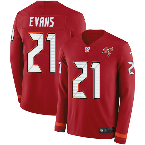 Nike Buccaneers #21 Justin Evans Red Team Color Youth Stitched NFL Limited Therma Long Sleeve Jersey