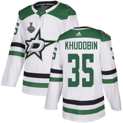 Adidas Stars #35 Anton Khudobin White Road Authentic Youth 2020 Stanley Cup Final Stitched NHL Jersey