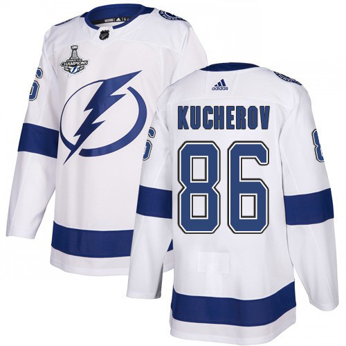 Adidas Lightning #86 Nikita Kucherov White Road Authentic Youth 2020 Stanley Cup Champions Stitched NHL Jersey