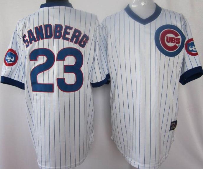 Cheap Chicago Cubs 23 Ryne Sandberg White Blue Strip Jersey For Sale