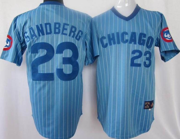 Cheap Chicago Cubs 23 Ryne Sandberg Blue White Strip Jersey For Sale