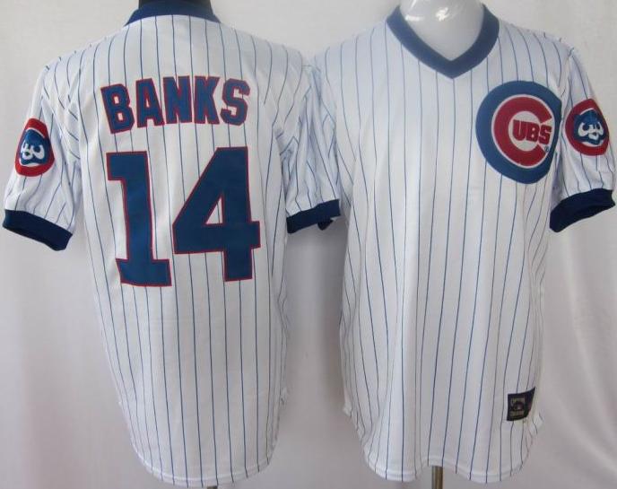 Cheap Chicago Cubs 14 Ernie Banks White Blue Strip Jersey For Sale