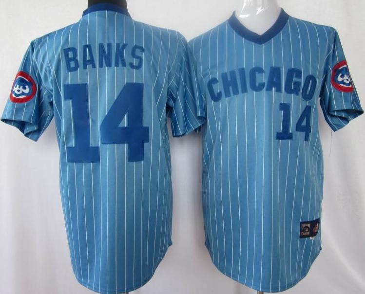 Cheap Chicago Cubs 14 Ernie Banks Blue White Strip Jersey For Sale