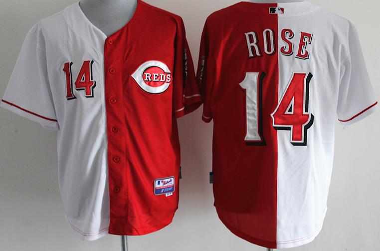 Cheap Cincinnati Reds 14 Pete Rose White Red Split MLB Baseball Jerseys For Sale