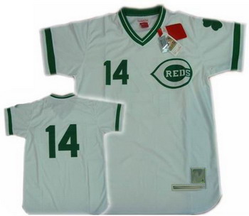 Cheap Cincinnati Reds 14 pete rose White mitchell and ness Jersey green number For Sale