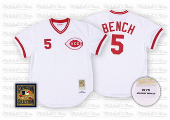 Cheap Cincinnati Reds 5 Johnny Bench Mitchell and Ness Baseball White Jersey For Sale