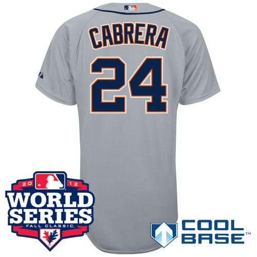 Cheap Detroit Tigers 24 Miguel Cabrera Road Grey Cool Base Jersey 2012 World Series Patch For Sale