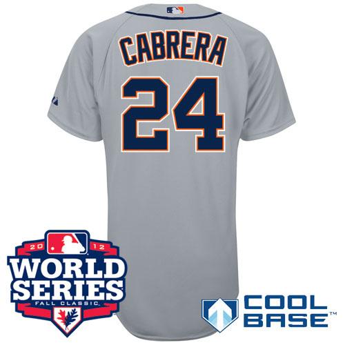 Detroit Tigers 24 Miguel Cabrera Road Grey Cool Base Jersey 2012 World Series Patch