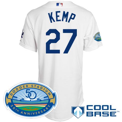 Cheap Los Angels Dodgers #27 Matt Kemp White Jersey 50th Patch For Sale