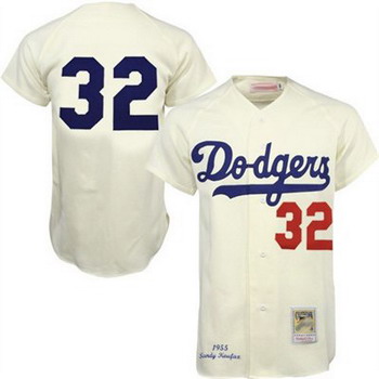 Dodgers 32 Sandy Koufax cream Baseball Jersey Mitchell and ness