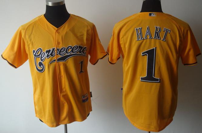 Milwaukee Brewers 1 Hart Yellow Cool Base MLB Jerseys
