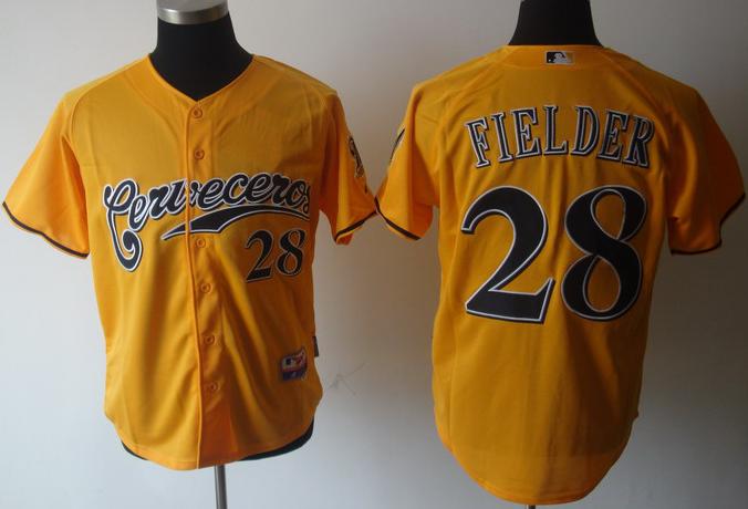 Cheap Milwaukee Brewers 28 Fielder Yellow Cool Base MLB Jerseys For Sale