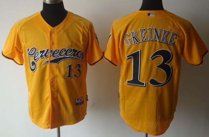Cheap Milwaukee Brewers 13 Greinke Yellow Cool Base MLB Jerseys For Sale